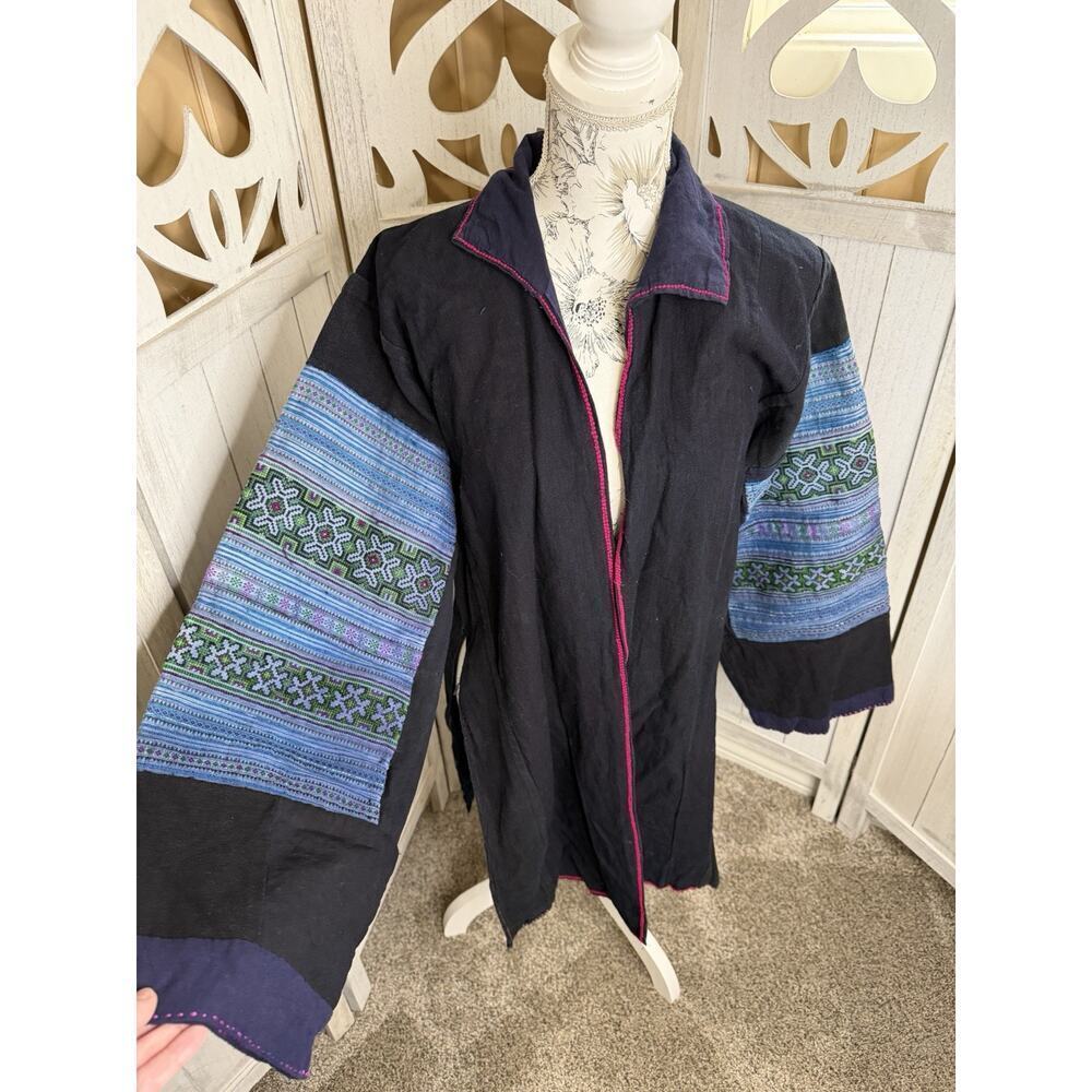 Vintage Hmong of Sapa Vietnam Jacket Shades Of Blue Embroidered One Size Top